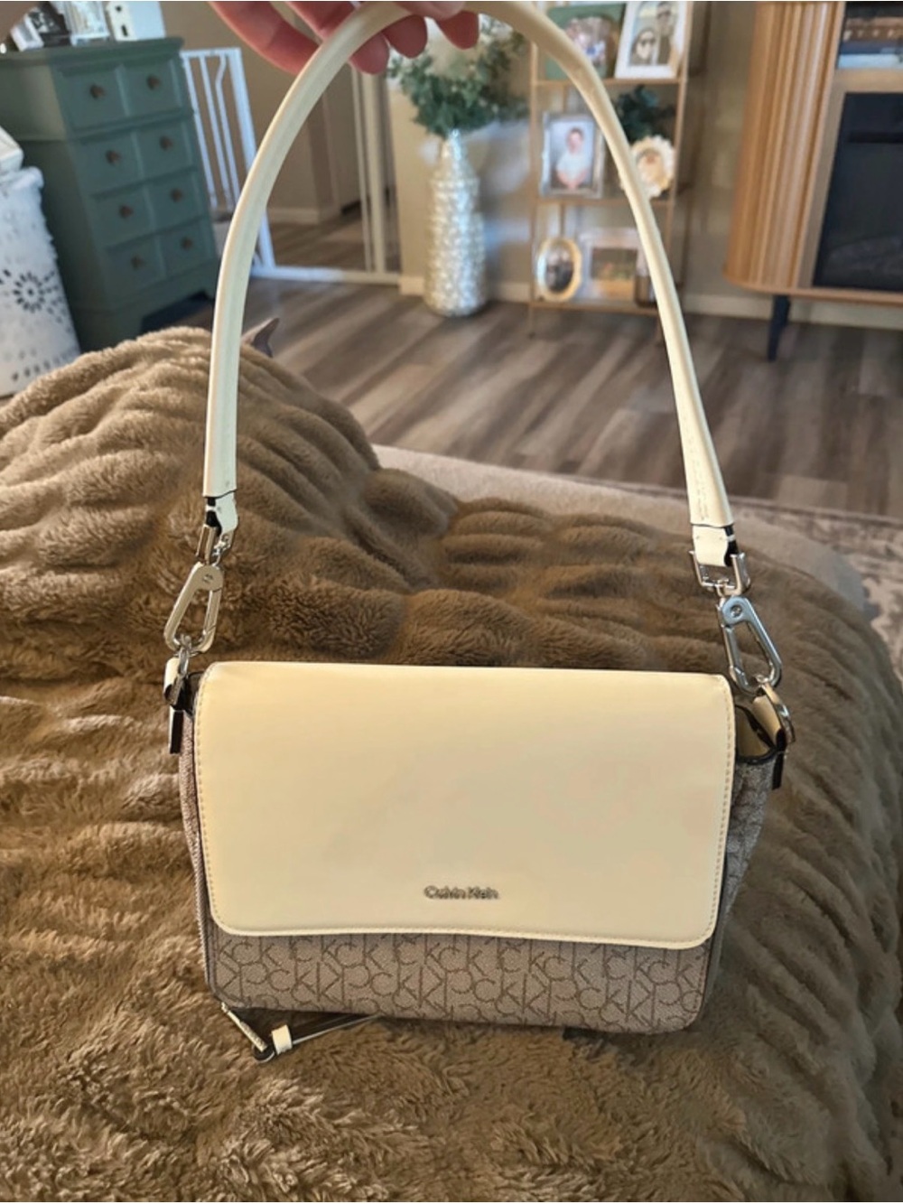 Calvin Klein Cream and Tan Monogram Shoulder Bag NWOT